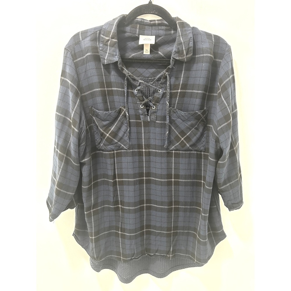 Knox Rose Blue Plaid Lace Up Tunic Top Waffle Knit Back XL